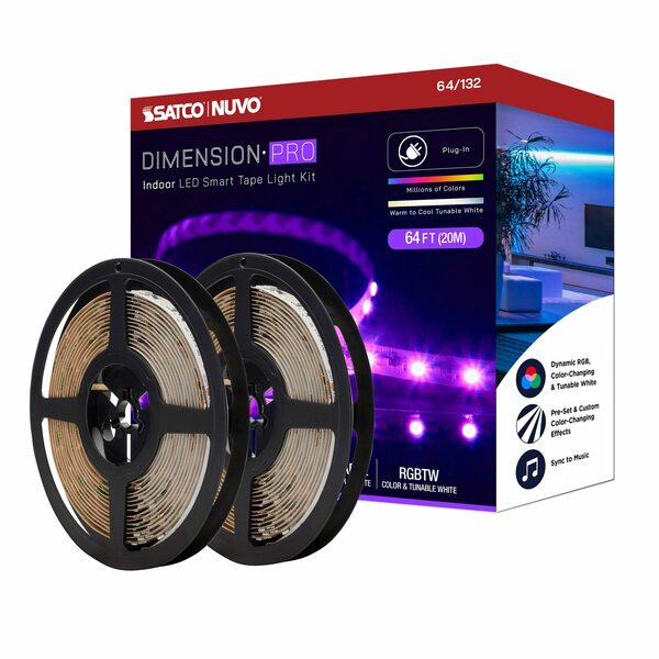 Nuvo Dimension Pro Tape Light Strip - 64 ft. RGB + Tunable White - Plug - Starfish IOT - IR Remote 64/132